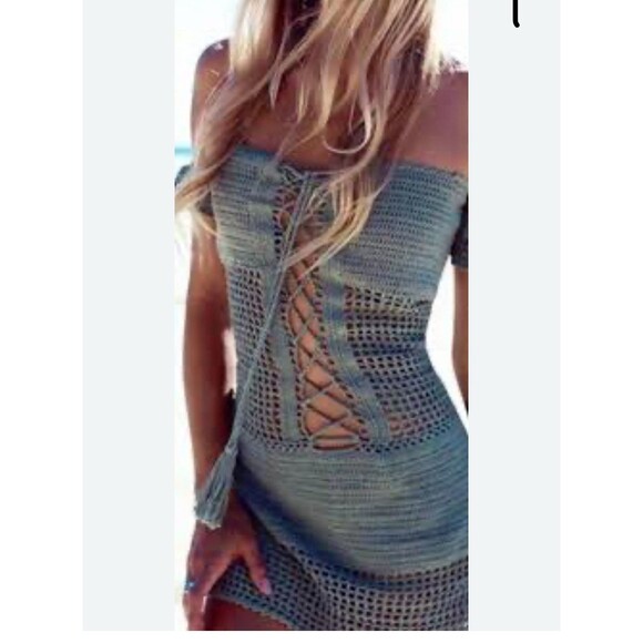 Sexy Open Knit Crochet Festival Boho Swim mini Halter Dress Coverup Teal Green - Picture 11 of 11